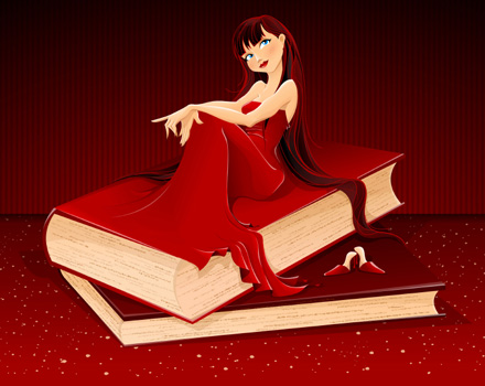 Donna in rosso su libro
