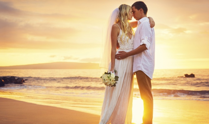 coppia, spiaggia, nozze, tramonto